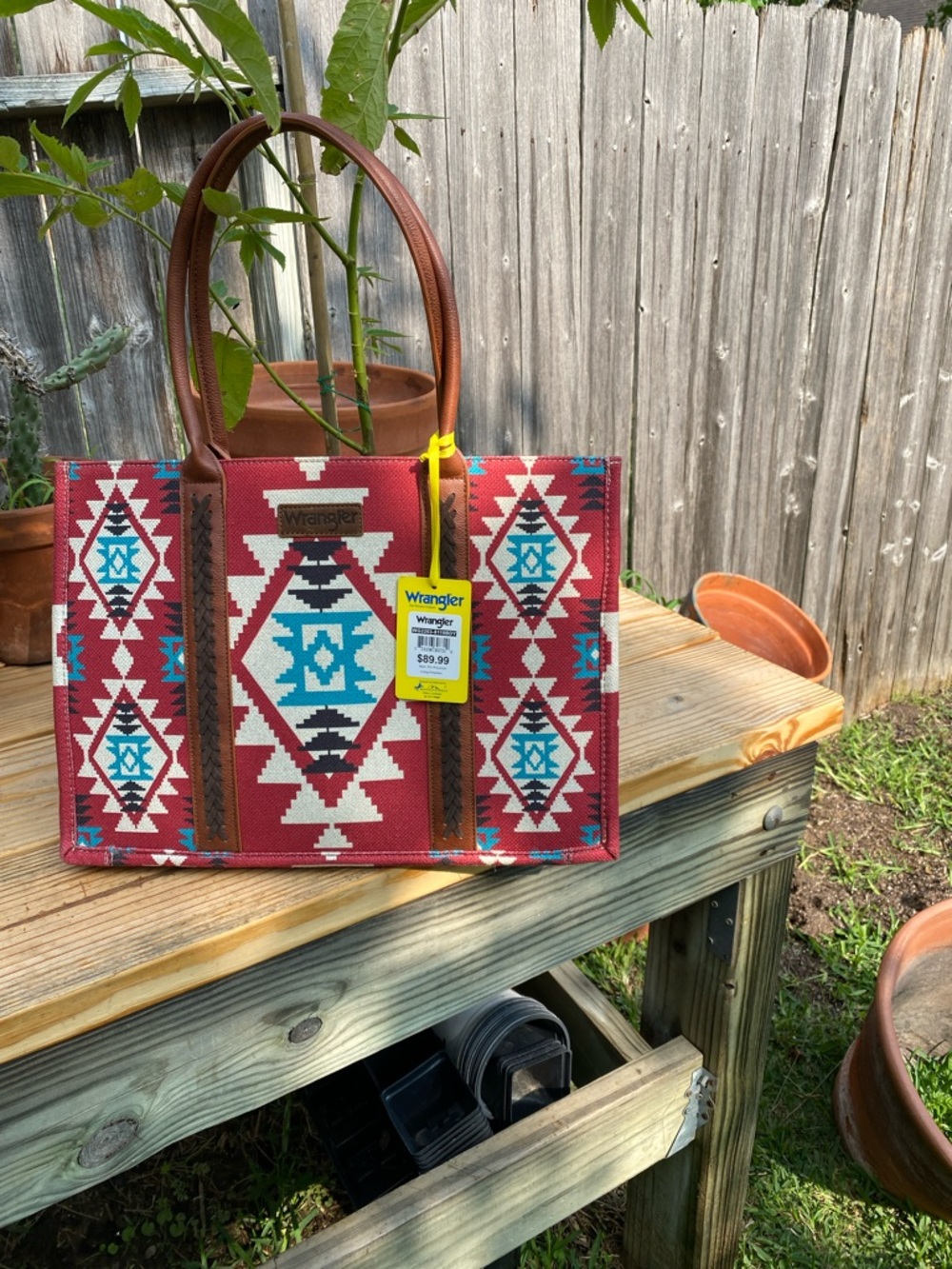 Wrangler Red Aztec Tote with Brown Handles and Turquoise Accents